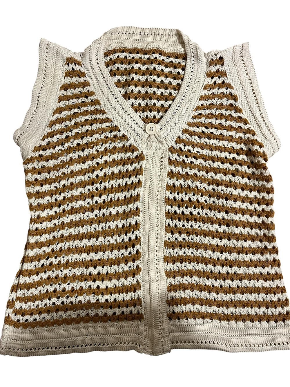 Sleeveless Crochet Striped Front Vest White and Mustard Size Medium
